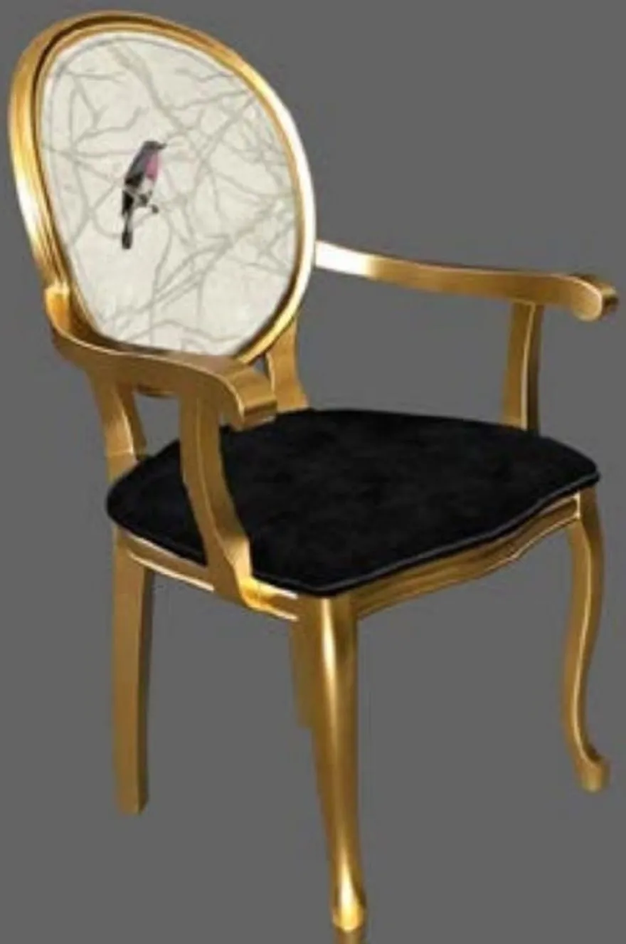 Casa Padrino Barock Esszimmerstuhl Schwarz / Mehrfarbig / Gold - Handgefertigter Antik Stil Stuhl mit Armlehnen - Esszimmer Möbel im Barockstil