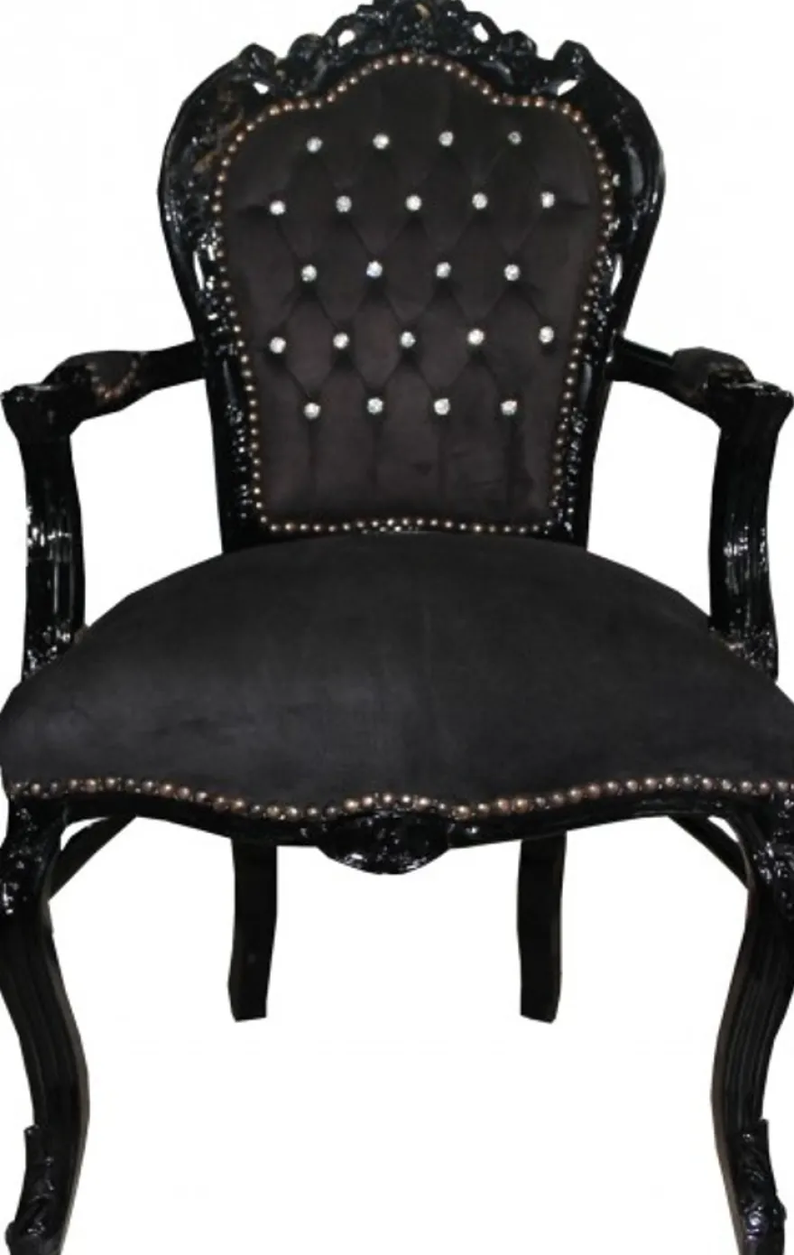 Casa Padrino Barock Esszimmer Stuhl Schwarz / Schwarz mit Armlehnen und Bling Bling Glitzersteinen - Limited Edition