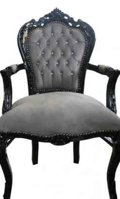 Casa Padrino Barock Esszimmer Stuhl Grau / Schwarz mit Armlehnen und Bling Bling Glitzersteinen - Limited Edition