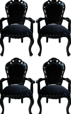 Casa Padrino Barock Esszimmerstuhl 4er Set Schwarz - Handgefertigte Antik Stil Stühle mit Armlehnen - Barock Esszimmer Möbel