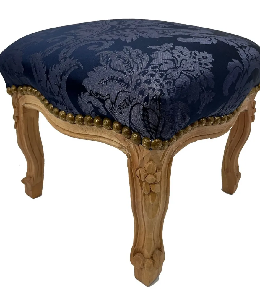 Casa Padrino Barock Fußhocker Royalblau Muster / Naturfarben - Handgefertigter Antik Stil Hocker mit elegantem Muster - Wohnzimmer Möbel im Barockstil - Barock Möbel