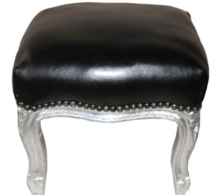 Casa Padrino Barock Fußhocker Schwarz Lederoptik / Silber