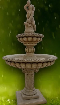 Casa Padrino Barock Gartenbrunnen Junge mit Muschel Dunkelgrau Ø 114 x H. 220 cm - 2 Stufiger Springbrunnen - Gartendeko Brunnen