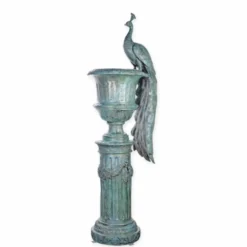 Casa Padrino Barock Garten Deko Bronze Blumenvase mit Säule und Pfau Antik Türkis H. 238 cm