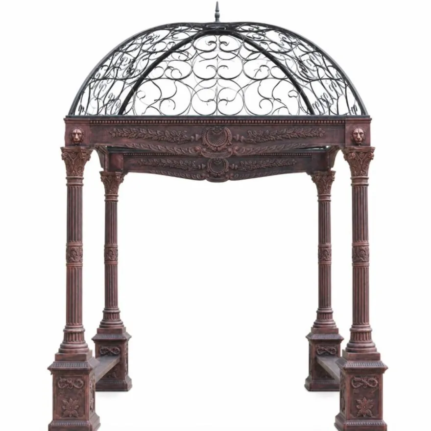 Casa Padrino Barock Garten Pavillon Braun Schwarz H. 360 cm - Gusseisen Pavillon mit integrierten Sitzbänken - Prunkvolle Barock Garten Deko