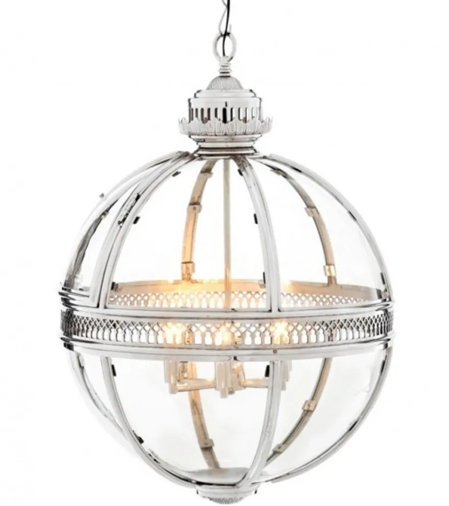 Casa Padrino Barock Hängeleuchte Kugel vernickelt Silber, Durchmesser 60 cm, Höhe 88 cm - Laterne im Schloss-Stil