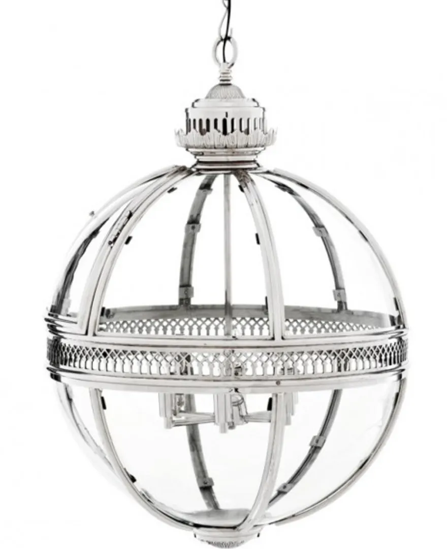 Casa Padrino Barock Hängeleuchte Kugel vernickelt Silber, Durchmesser 60 cm, Höhe 88 cm - Laterne im Schloss-Stil