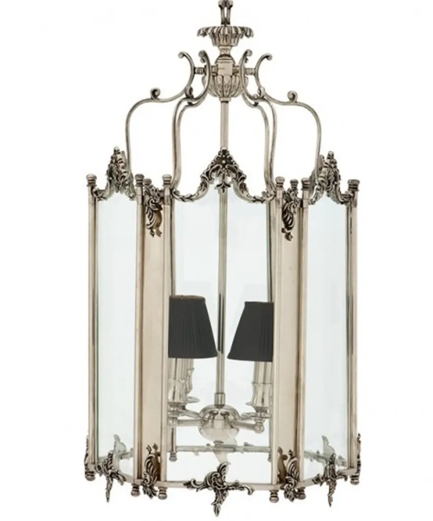 Casa Padrino Barock Hängeleuchte Versilbert Antik-Look, 4 Flammiger Kronleuchter, Breite 39 cm, Höhe 73 cm, Tiefe 42 cm