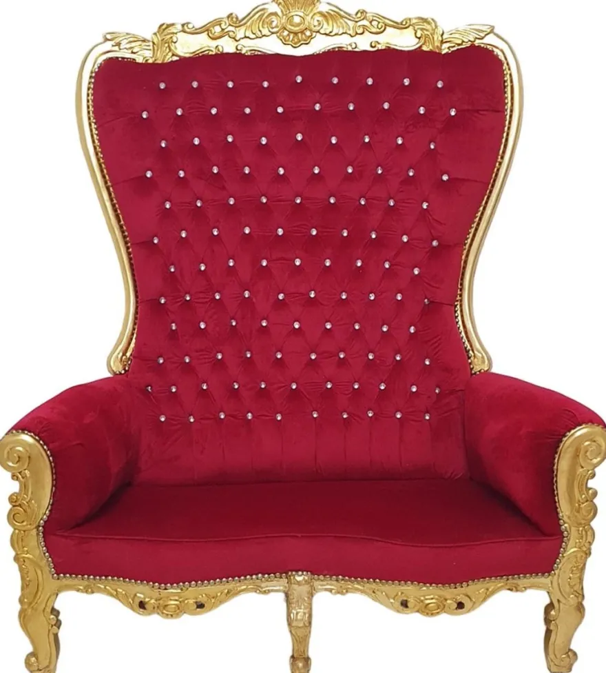 Casa Padrino Barock Hochlehn 2er Sofa Bordeauxrot / Gold - Prunkvolles Barockstil Sofa mit Glitzersteinen - Wohnzimmer Möbel im Barockstil - Barock Möbel - Edel & Prunkvoll