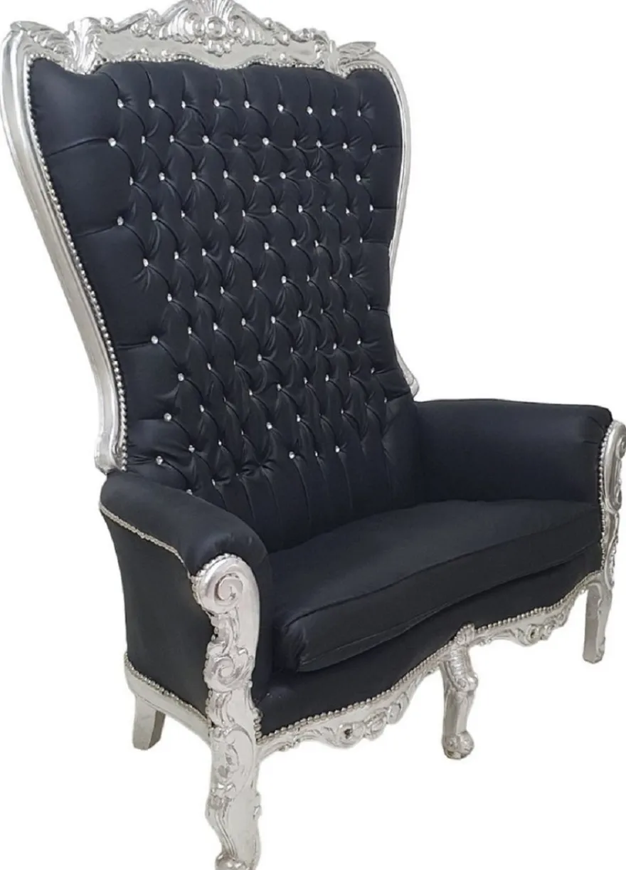 Casa Padrino Barock Hochlehn 2er Sofa Schwarz / Silber - Prunkvolles Barockstil Sofa mit Glitzersteinen - Wohnzimmer Möbel im Barockstil - Barock Möbel - Edel & Prunkvoll