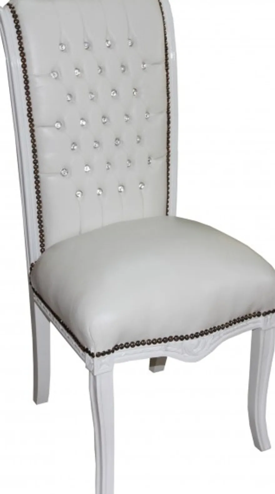 Casa Padrino Barock Hochlehner Esszimmer Weiss/Weiss mit Glitzersteinen - Hochlehnstuhl Möbel - Barock Möbel