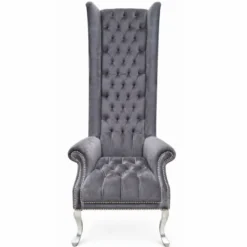 Casa Padrino Barock Hochlehn Sessel Grau / Silber H. 185 cm - Barocksil Samt Sessel - Prunkvolle Barock Möbel