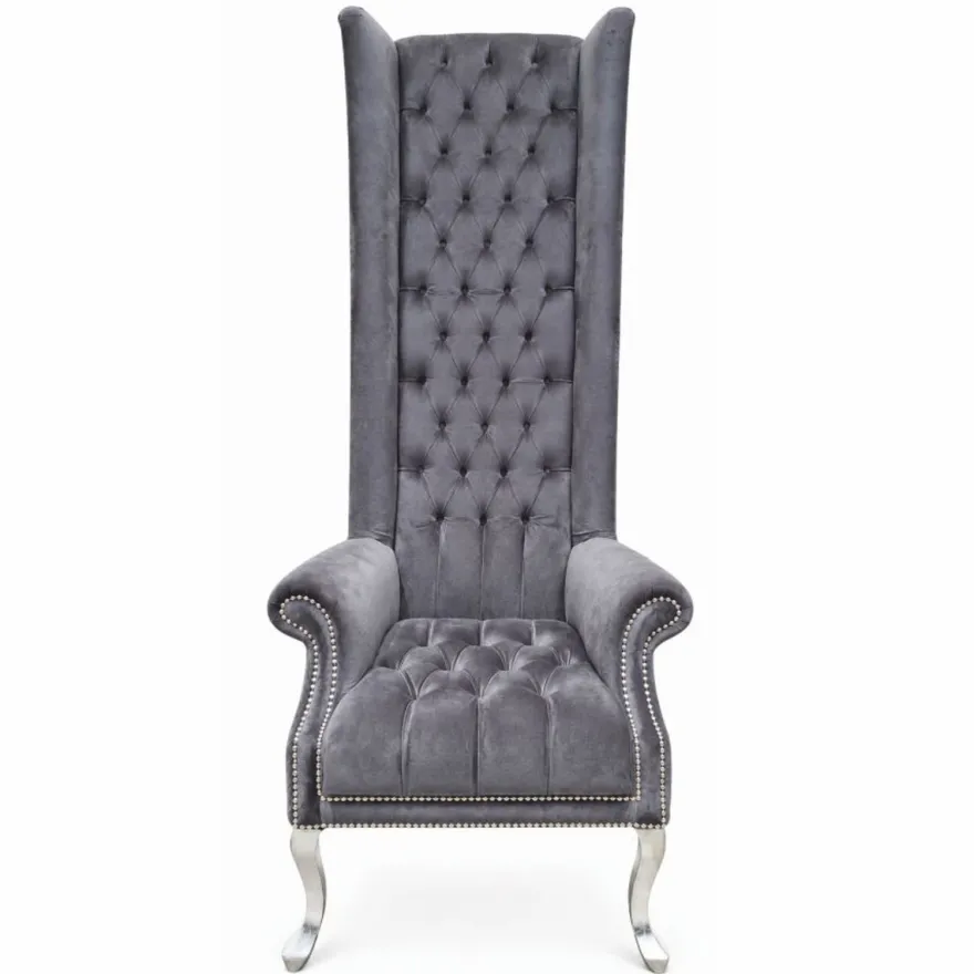 Casa Padrino Barock Hochlehn Sessel Grau / Silber H. 185 cm - Barocksil Samt Sessel - Prunkvolle Barock Möbel