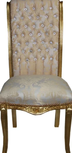 Casa Padrino Barock Hochlehner Esszimmer Stuhl Creme Muster / Gold mit Bling Bling Glitzersteinen - Barock Möbel