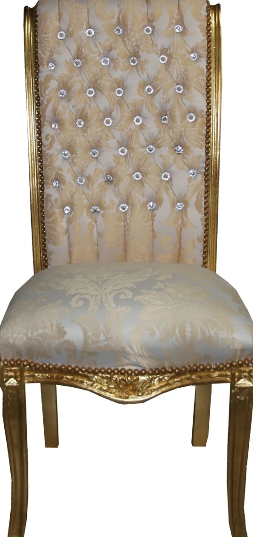 Casa Padrino Barock Hochlehner Esszimmer Stuhl Creme Muster / Gold mit Bling Bling Glitzersteinen - Barock Möbel
