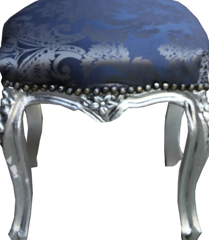 Casa Padrino Barock Hocker Royalblau Muster / Silber Höhe - Barock Möbel