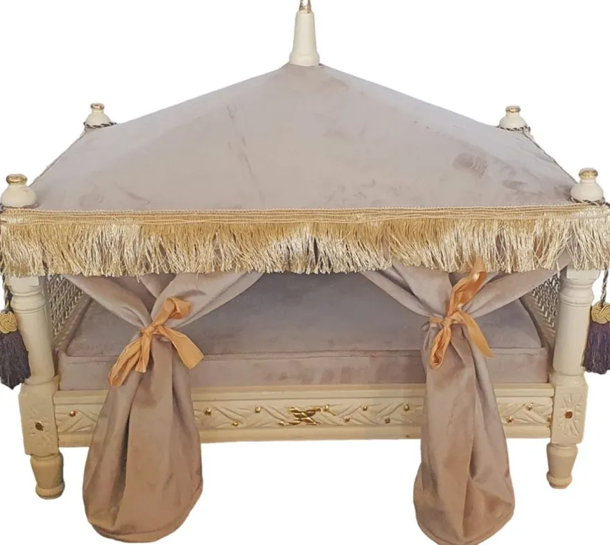 Casa Padrino Barock Hundebett Grau / Creme / Gold - Handgefertigtes Antik Stil Hundebett - Prunkvolle Hunde Möbel im Barockstil - Antik Stil Tiermöbel - Barock Tiermöbel