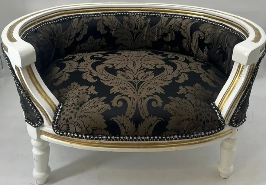 Casa Padrino Barock Hundebett & Katzenbett Schwarz Muster / Weiß / Gold - Handgefertigtes Hunde & Katzen Sofa im Barockstil - Barock Hunde & Katzen Möbel - Barock Tiermöbel