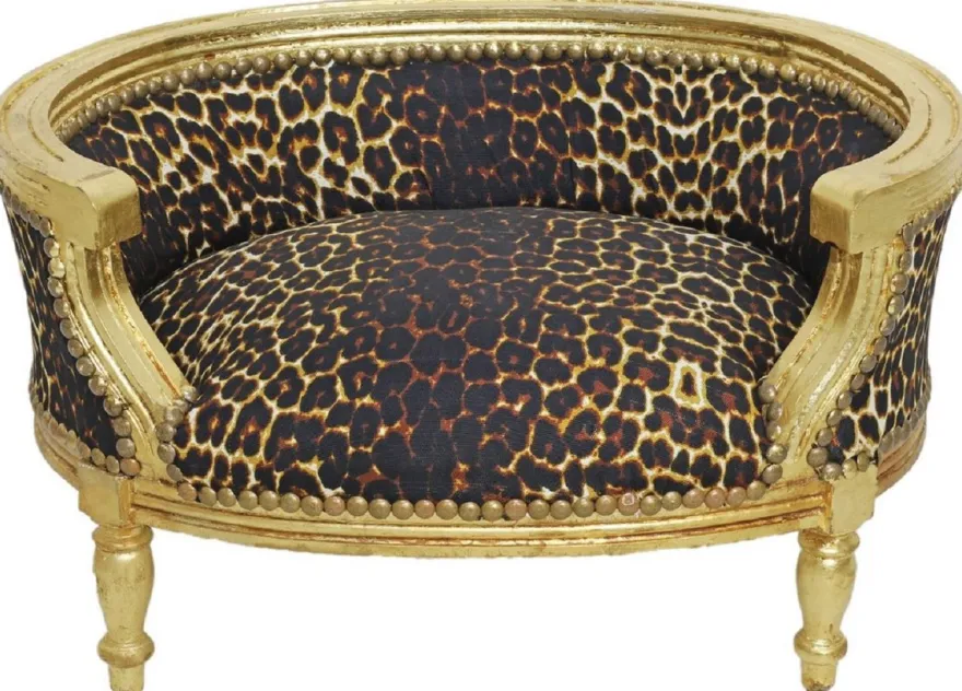 Casa Padrino Barock Hundebett & Katzenbett Leopard Muster / Antik Gold - Handgefertigtes Hunde & Katzen Sofa im Barockstil - Barock Hunde & Katzen Möbel - Barock Tiermöbel
