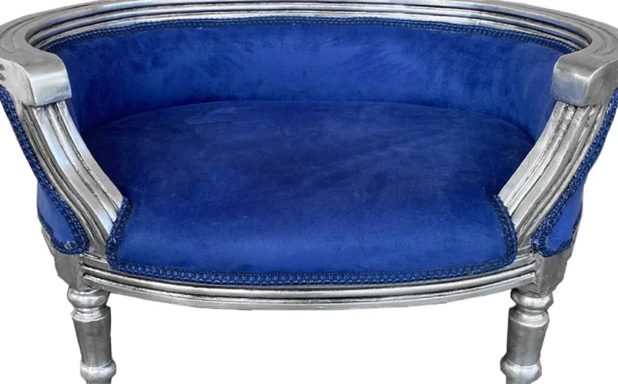 Casa Padrino Barock Hunde & Katzen Sofa Royalblau / Silber - Handgefertigtes Hundebett & Katzenbett im Barockstil - Barock Tiermöbel
