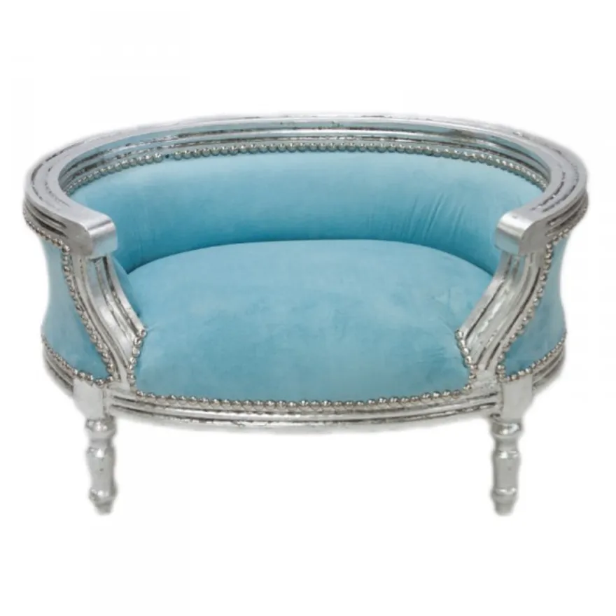 Casa Padrino Barock Hunde & Katzen Sofa im Antik Stil Blau / Silber 71,5 x 53 x 41 cm