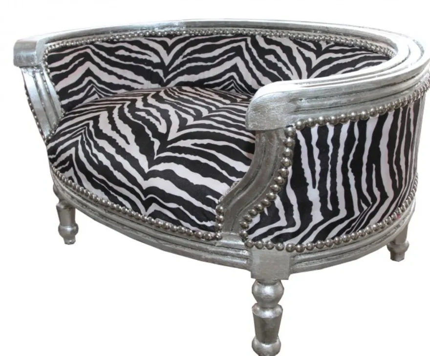 Casa Padrino Barock Hunde & Katzen Sofa im Zebra Design mit silbernem Rahmen, 71,5 x 53 x 41 cm