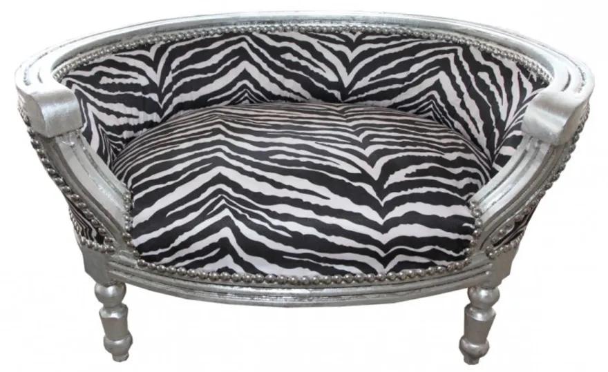 Casa Padrino Barock Hunde & Katzen Sofa im Zebra Design mit silbernem Rahmen, 71,5 x 53 x 41 cm