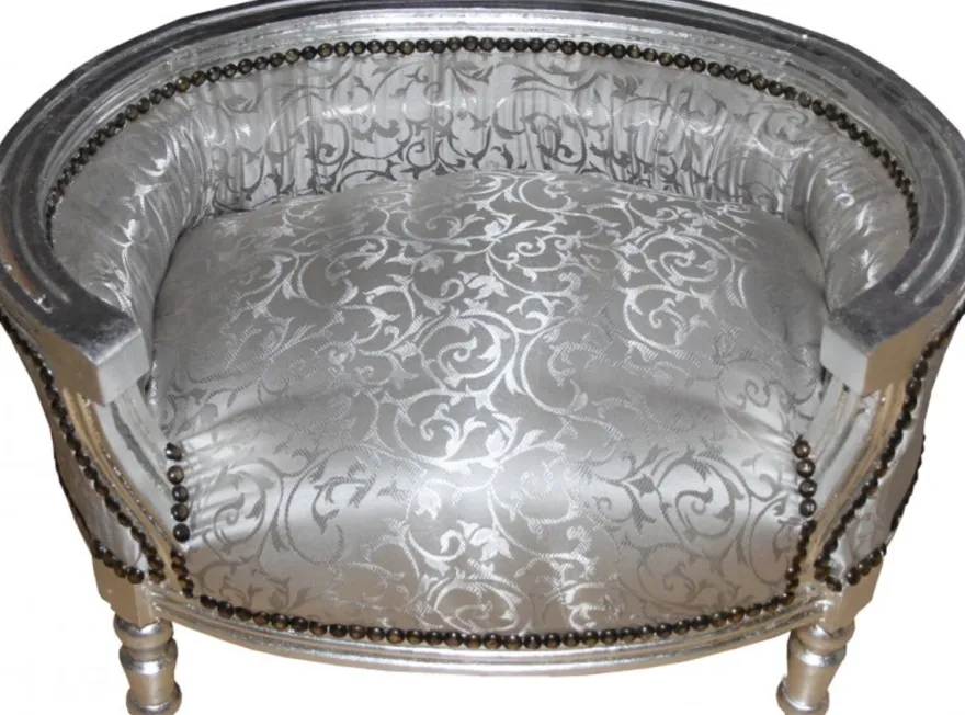Casa Padrino Barock Hunde & Katzen Sofa - Luxuriöser Hundesessel in Silber, Grau gemustert, 71,5 x 53 x 41 cm