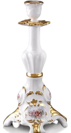 Casa Padrino Barock Keramik Kerzenständer Weiß / Gold 14 x 12 x H. 28 cm - Prunkvoller handbemalter Kerzenhalter im Barockstil