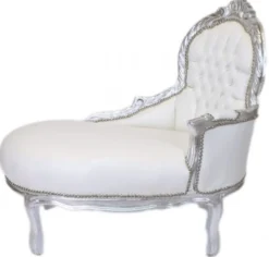Casa Padrino Barock Kinder Chaiselongue Weiß Lederoptik Silber, Höhe 93 cm, Breite 101 cm, Tiefe 51 cm - Barock Möbel