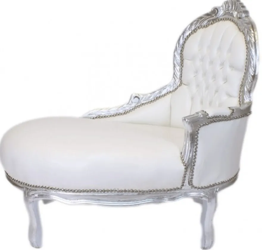 Casa Padrino Barock Kinder Chaiselongue Weiß Lederoptik Silber, Höhe 93 cm, Breite 101 cm, Tiefe 51 cm - Barock Möbel