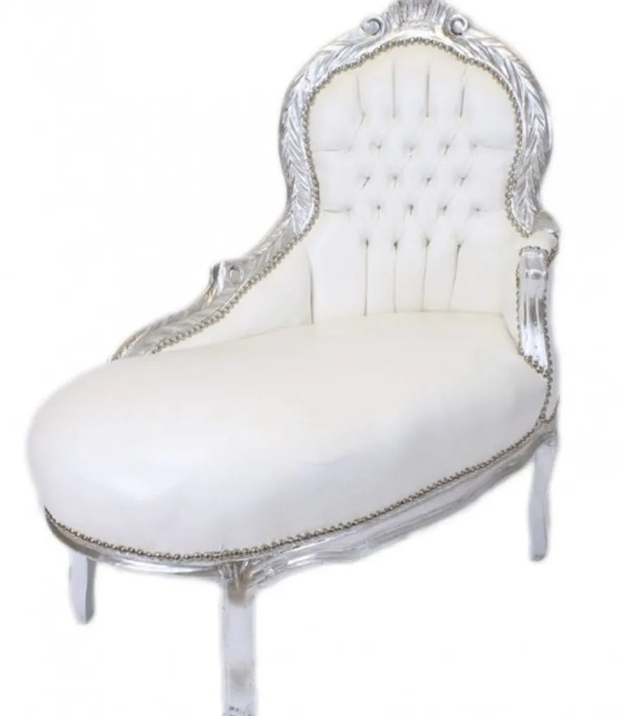 Casa Padrino Barock Kinder Chaiselongue Weiß Lederoptik Silber, Höhe 93 cm, Breite 101 cm, Tiefe 51 cm - Barock Möbel