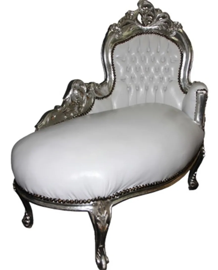 Casa Padrino Barock Kinder Chaiselongue Weiß / Silber - Barock Möbel