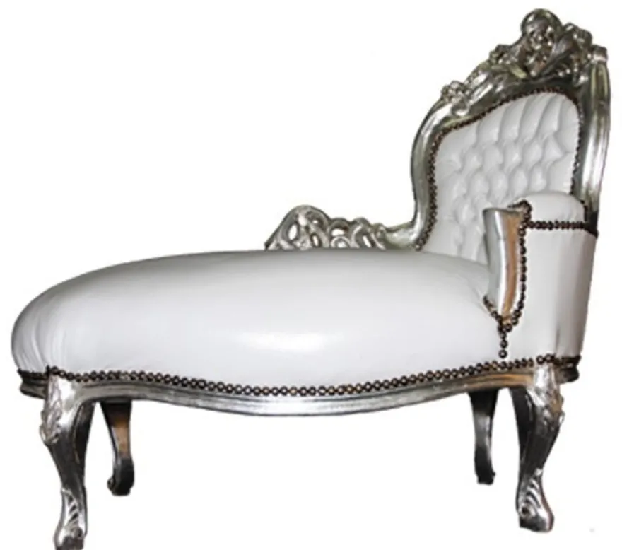 Casa Padrino Barock Kinder Chaiselongue Weiß / Silber - Barock Möbel