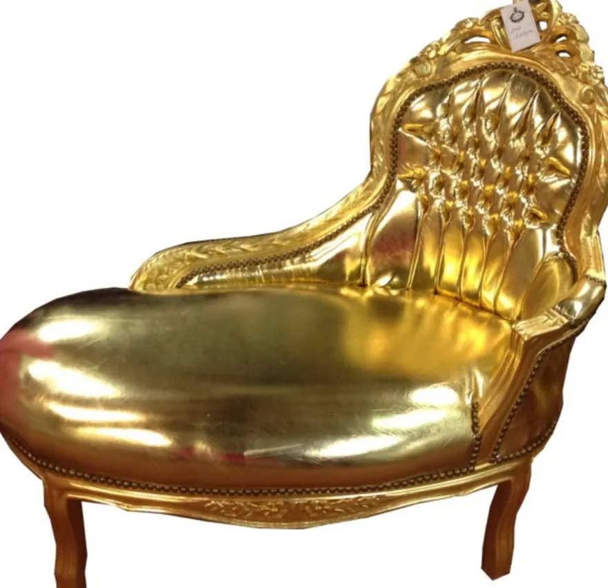 Casa Padrino Barock Kinder Chaiselongue Tron Gold / Gold Lederoptik 101 x 51 x 93 cm