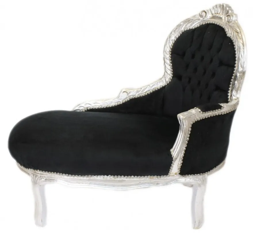 Casa Padrino Barock Kinder Chaiselongue - Handgefertigte Luxus-Sitzbank im Barockstil - Schwarz / Silber - 101 x 51 x 93 cm
