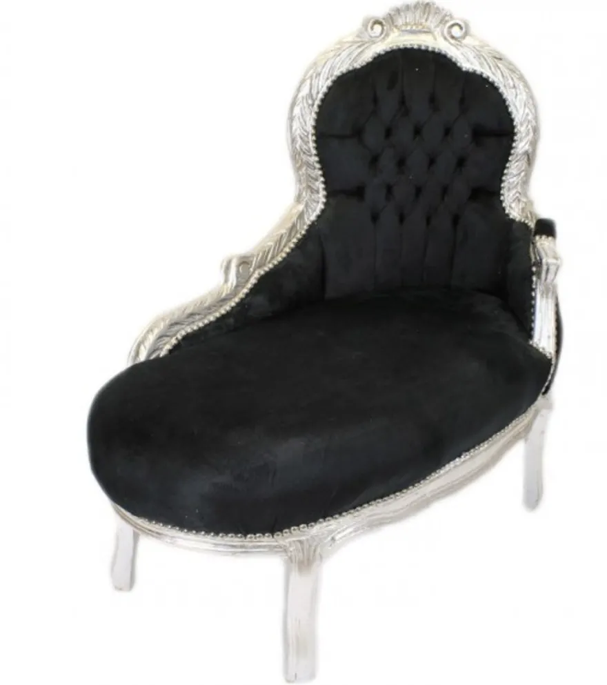 Casa Padrino Barock Kinder Chaiselongue - Handgefertigte Luxus-Sitzbank im Barockstil - Schwarz / Silber - 101 x 51 x 93 cm