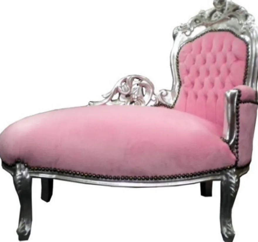 Casa Padrino Barock Kinder Chaiselongue Rosa/Silber Mod 2 - Luxuriöse Recamiere aus Massivholz, 101 x 51 x 93 cm