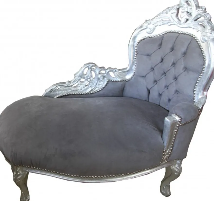 Casa Padrino Barock Kinder Chaiselongue Grau / Silber, Höhe 93 cm, Breite 101 cm, Tiefe 51 cm