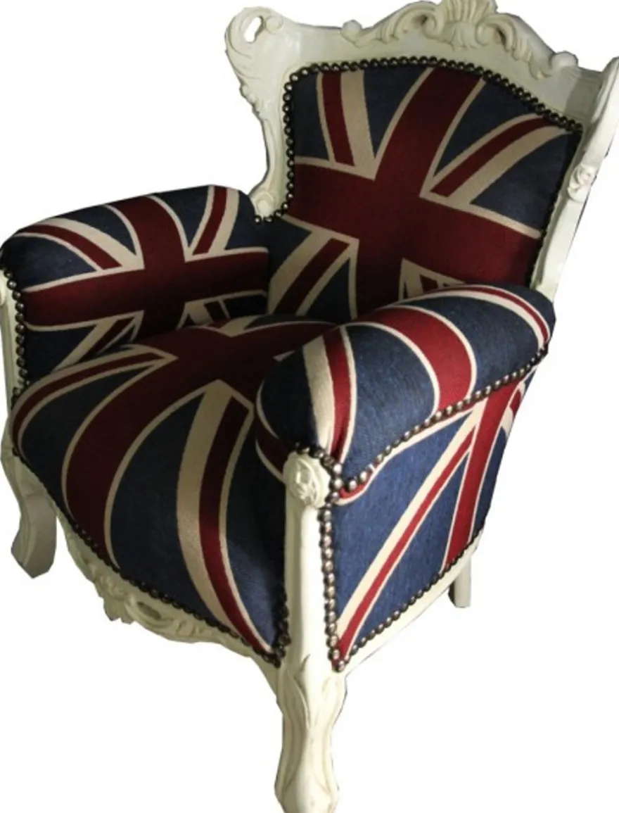 Casa Padrino Barock Kinder Sessel Union Jack / Creme - Massivholz Thron im englischen Design - 84 x 58 x 36 cm