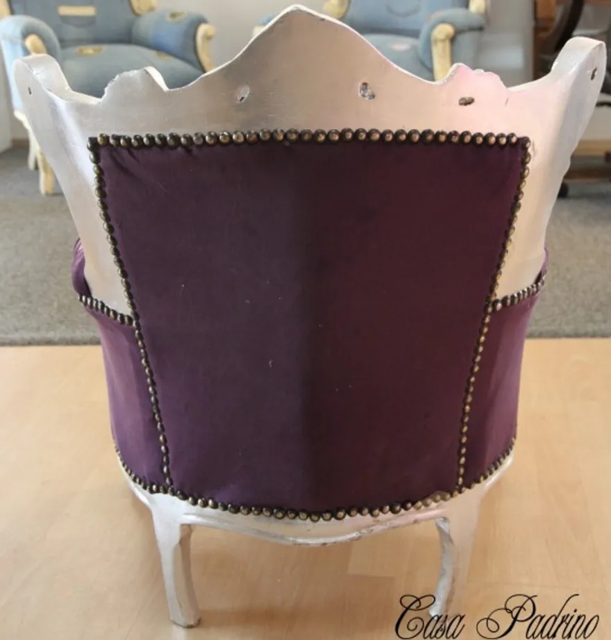 Casa Padrino Barock Kinder Sessel in Lila und Silber, handgefertigter Thron aus Massivholz, 84 x 58 x 36 cm