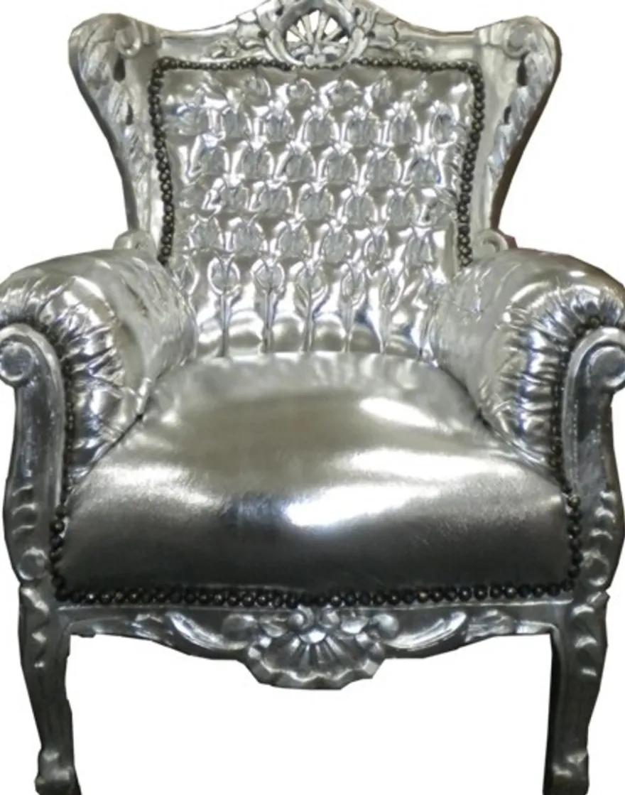 Casa Padrino Barock Kinder Sessel Tron in Silber, 84 x 58 cm, handgefertigtes Luxusmöbel im Antik Stil