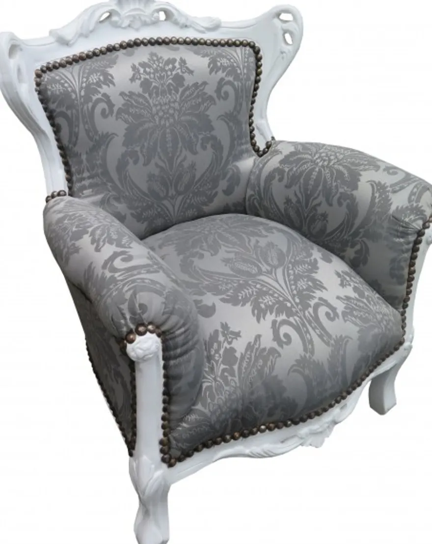 Casa Padrino Barock Kinder Sessel in Grau mit Barock Muster und Weiss - 84 cm x 58 cm