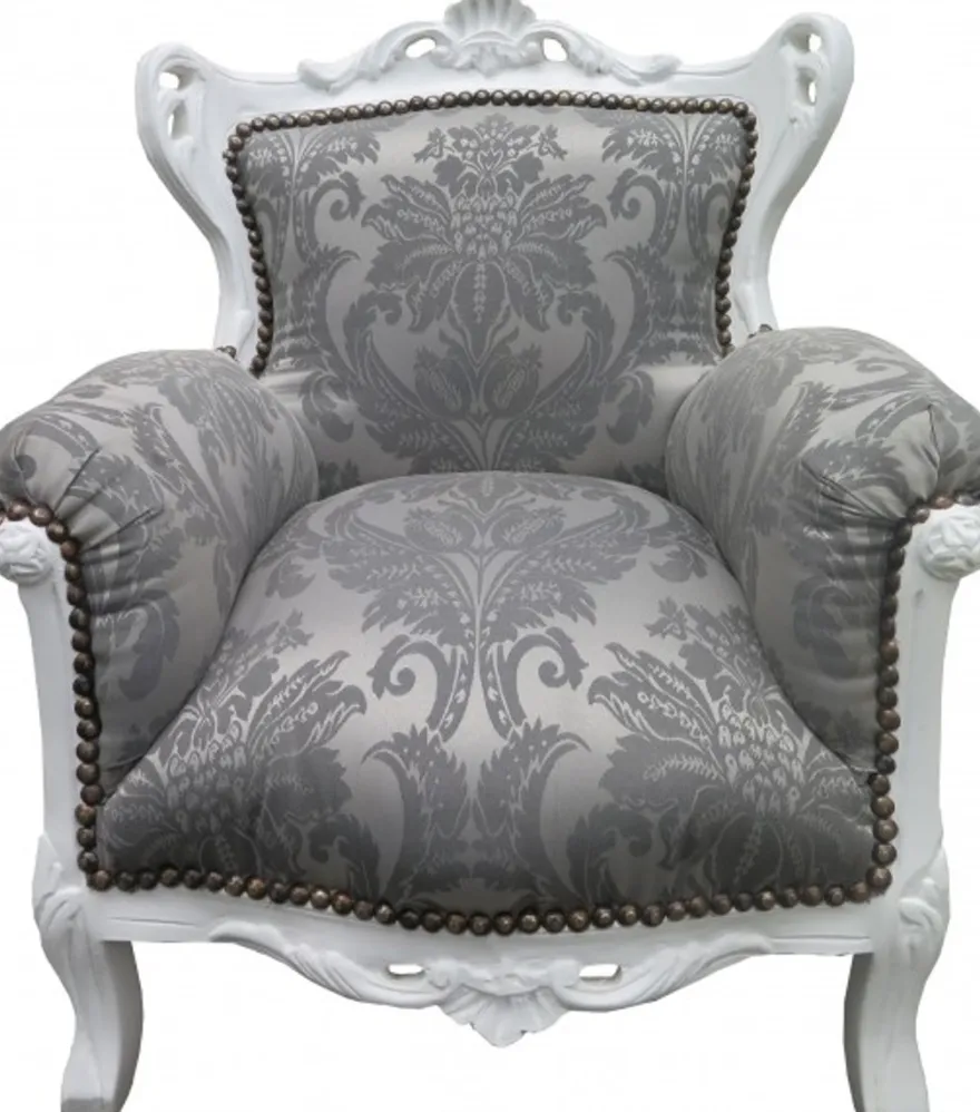 Casa Padrino Barock Kinder Sessel in Grau mit Barock Muster und Weiss - 84 cm x 58 cm