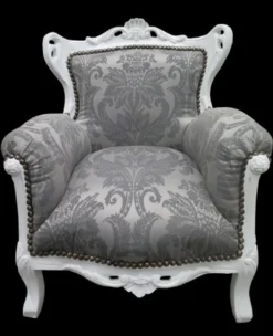 Casa Padrino Barock Kinder Sessel in Grau mit Barock Muster und Weiss - 84 cm x 58 cm