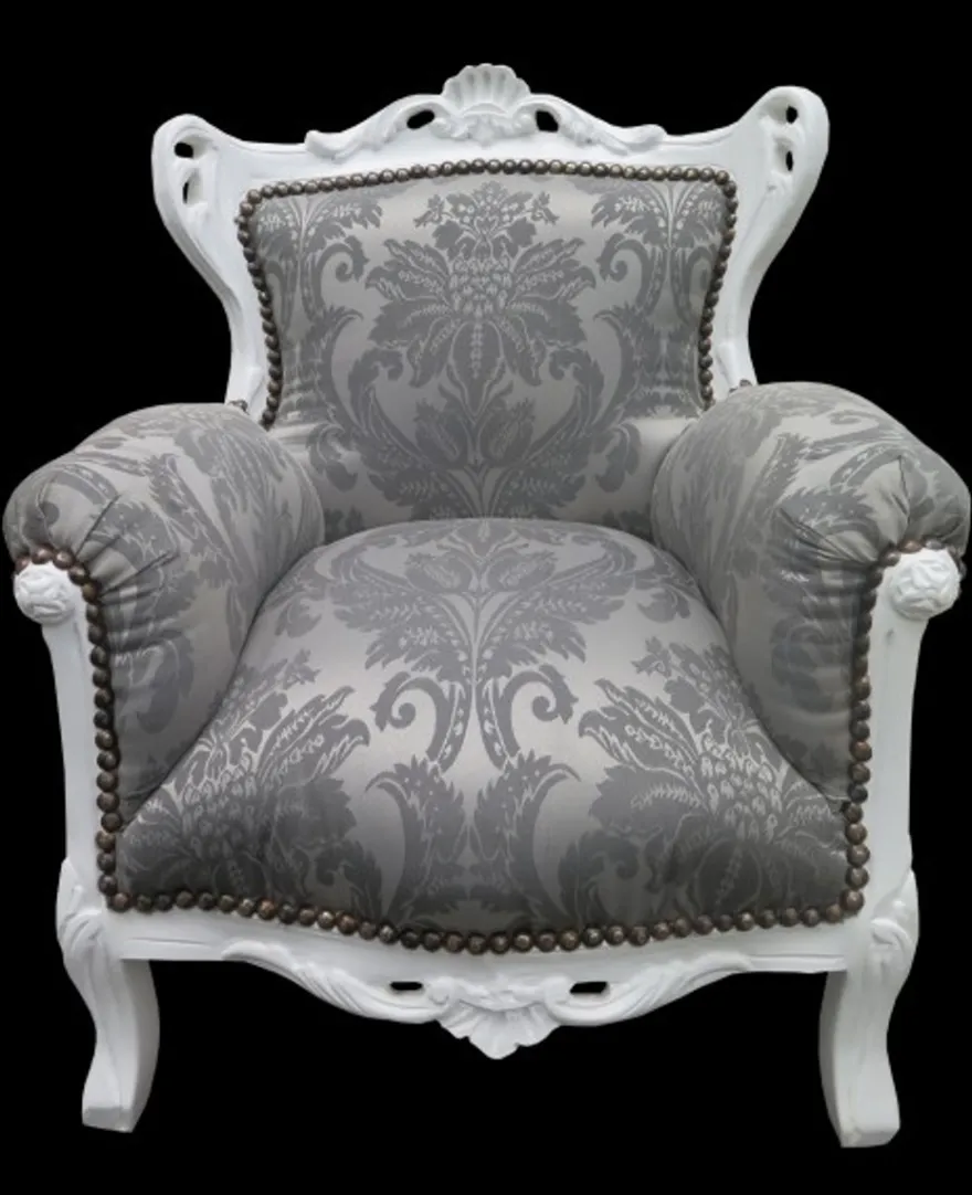 Casa Padrino Barock Kinder Sessel in Grau mit Barock Muster und Weiss - 84 cm x 58 cm