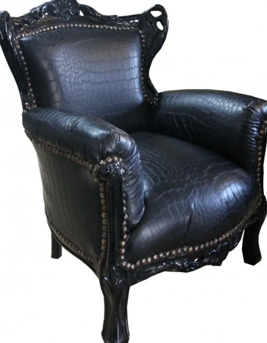 Casa Padrino Barock Kinder Sessel Thron im Barockstil Schwarz Croco Lederoptik 58 x 84 cm