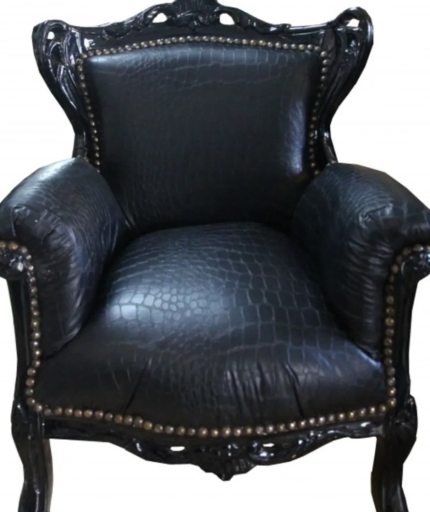 Casa Padrino Barock Kinder Sessel Thron im Barockstil Schwarz Croco Lederoptik 58 x 84 cm