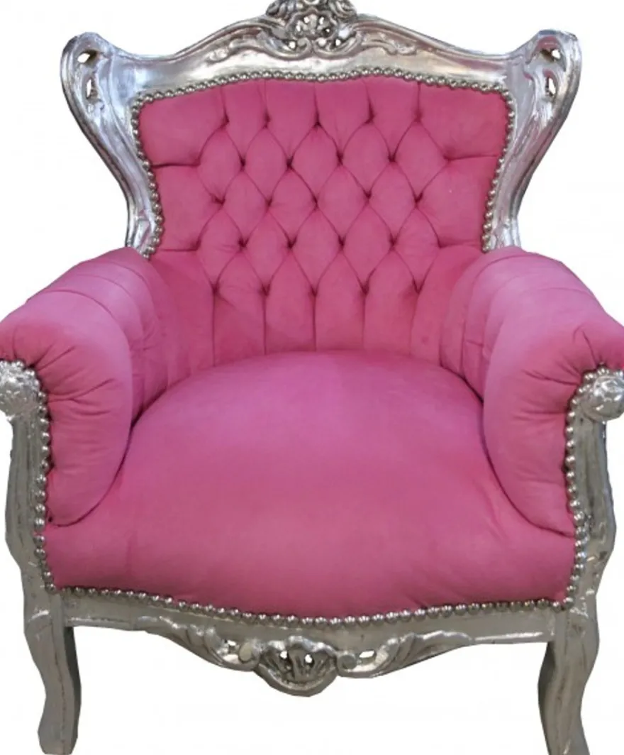 Casa Padrino Barock Kinder Sessel im Antik Stil Rosa / Silber - 84 cm x 58 cm