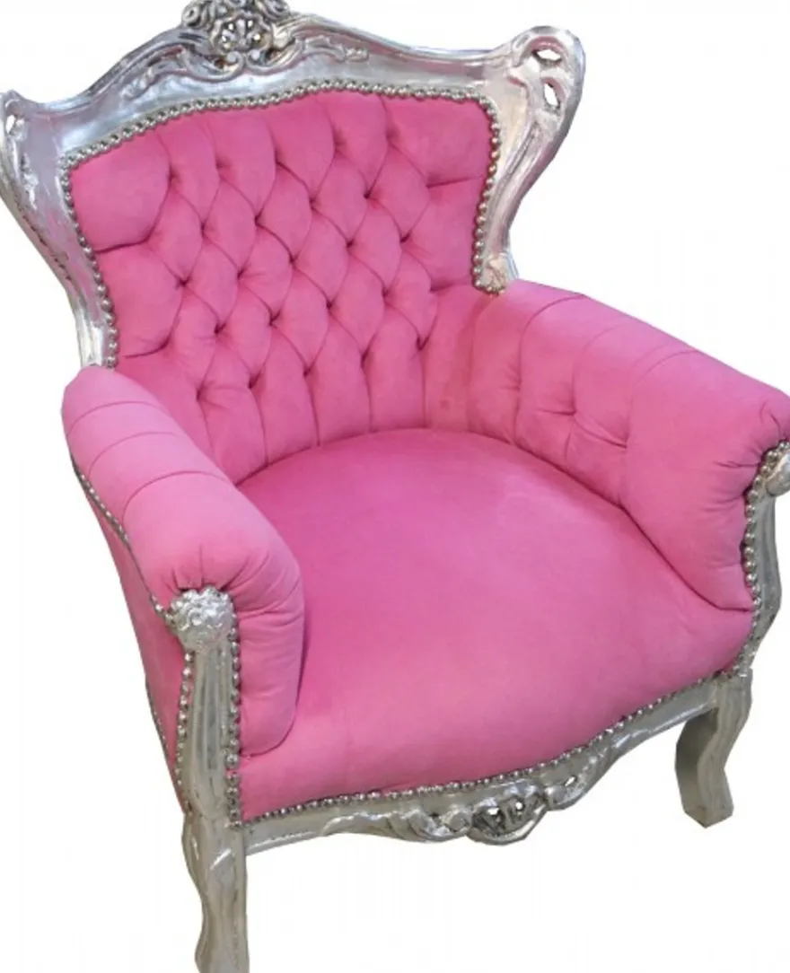 Casa Padrino Barock Kinder Sessel im Antik Stil Rosa / Silber - 84 cm x 58 cm